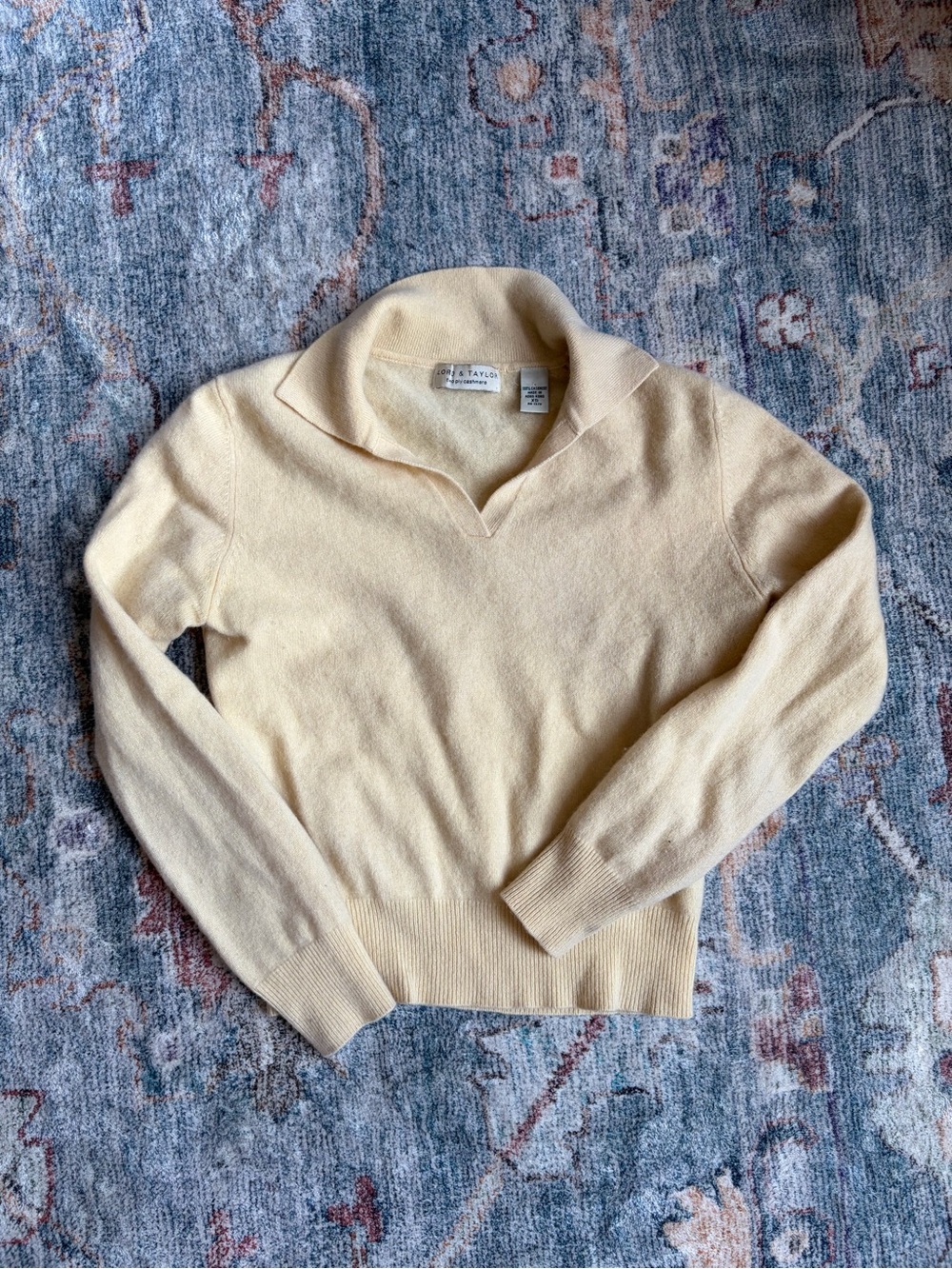 Lord & Taylor Butter Yellow Collared V-Neck Cashmere Sweater